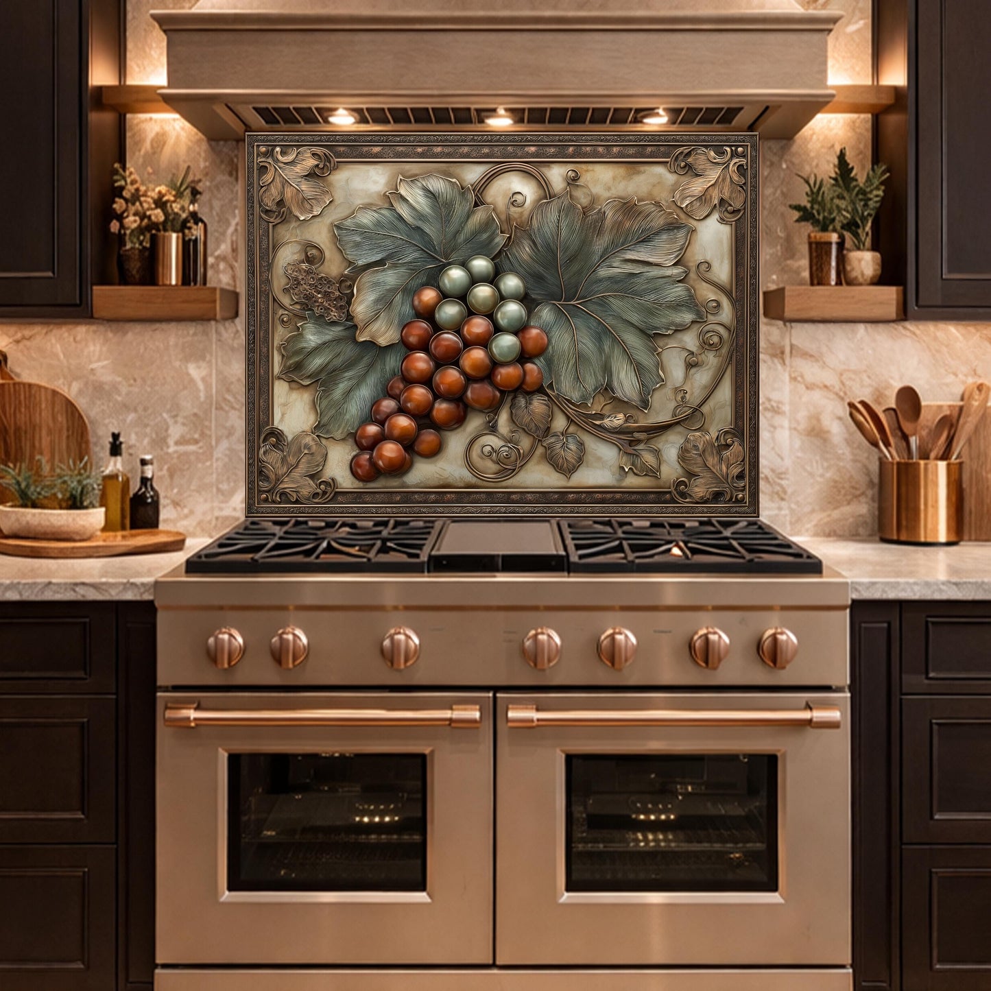 Vineyard Harvest Tempered Glass Backsplash, Copper Look Grapes and Leaves Wall Panel, Custom Size