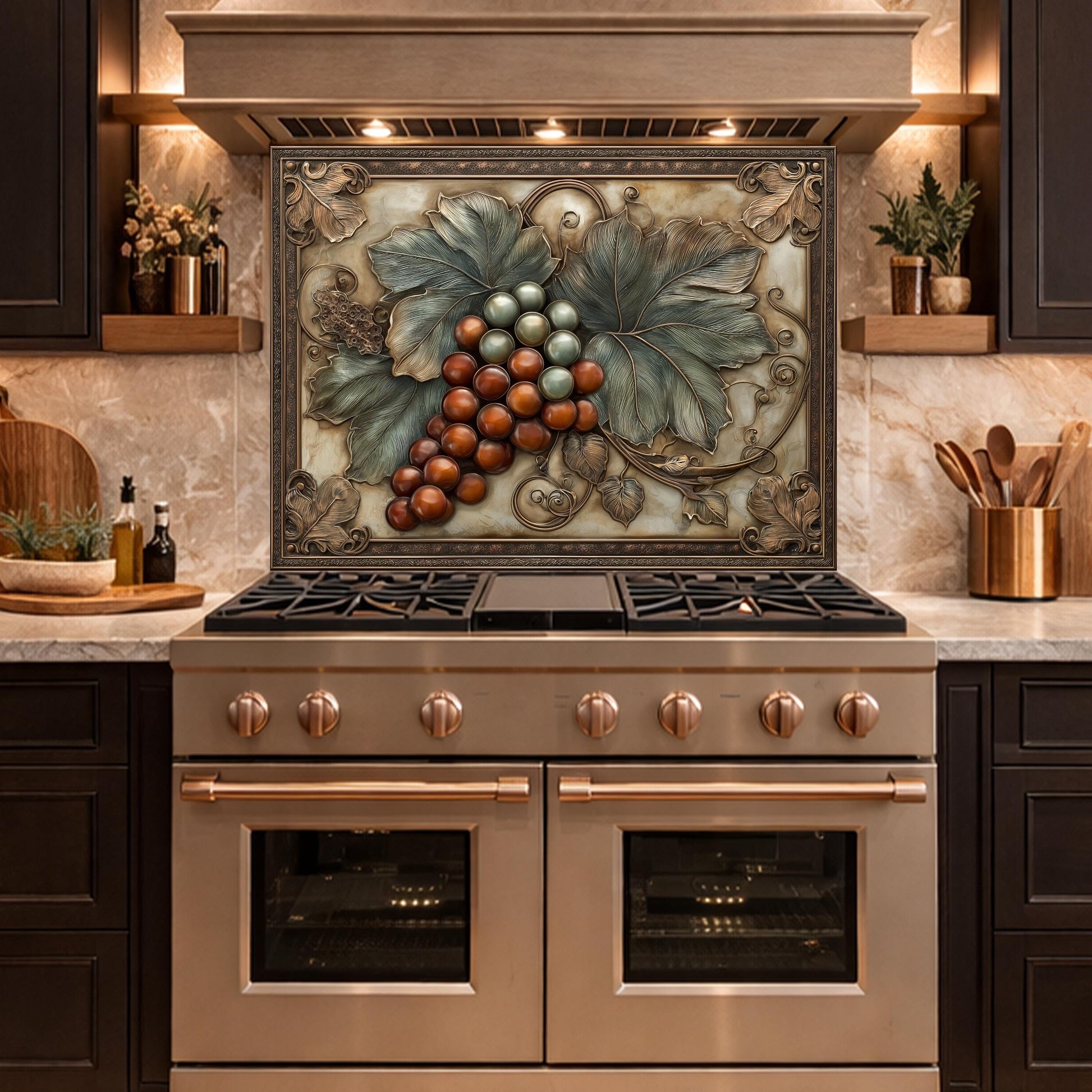 Vineyard Harvest Tempered Glass Backsplash, Copper Look Grapes and Leaves Wall Panel, Custom Size