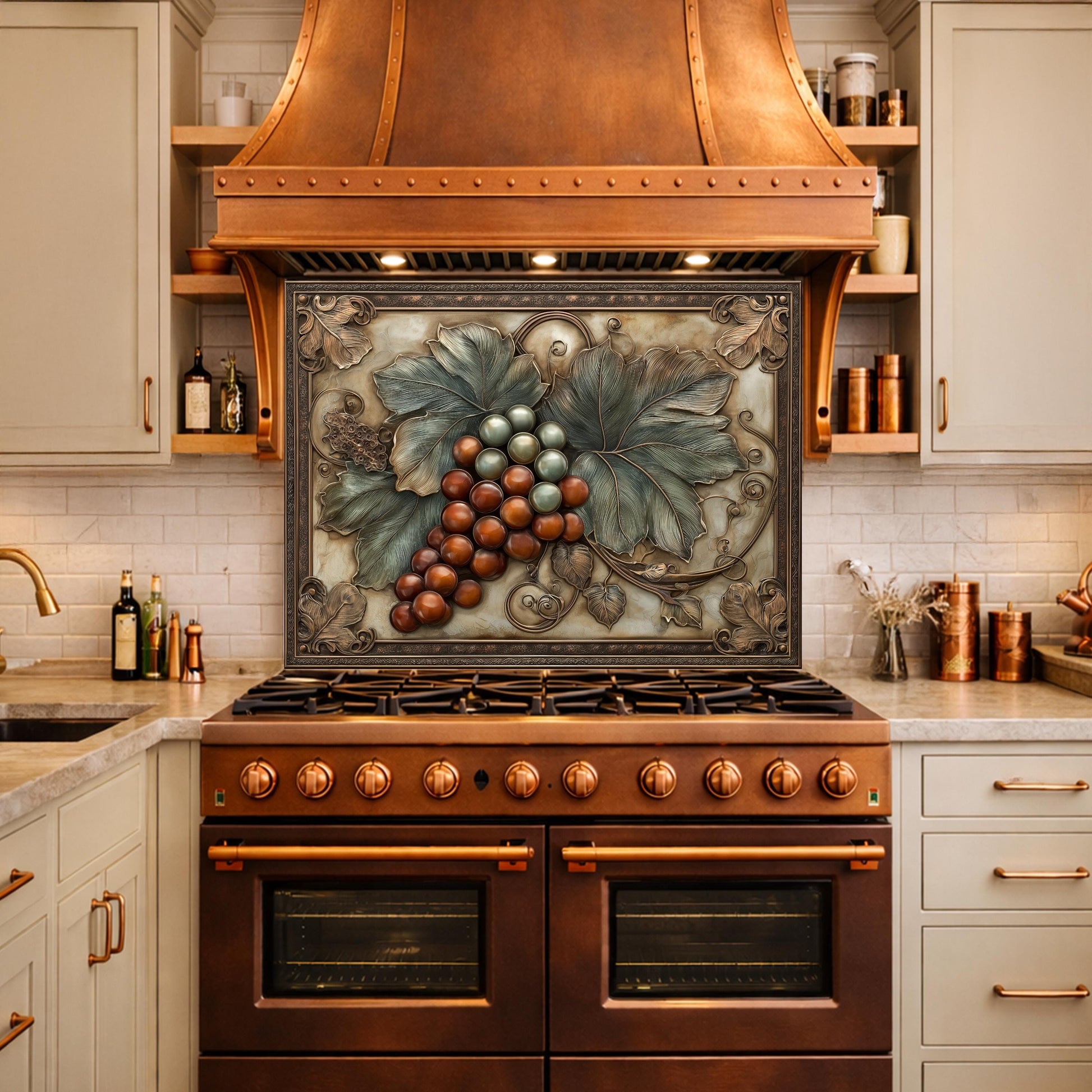 Vineyard Harvest Tempered Glass Backsplash, Copper Look Grapes and Leaves Wall Panel, Custom Size