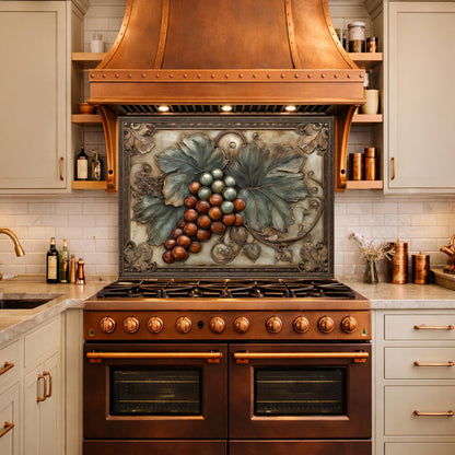 Vineyard Harvest Tempered Glass Backsplash, Copper Look Grapes and Leaves Wall Panel, Custom Size