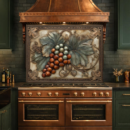 Vineyard Harvest Tempered Glass Backsplash, Copper Look Grapes and Leaves Wall Panel, Custom Size
