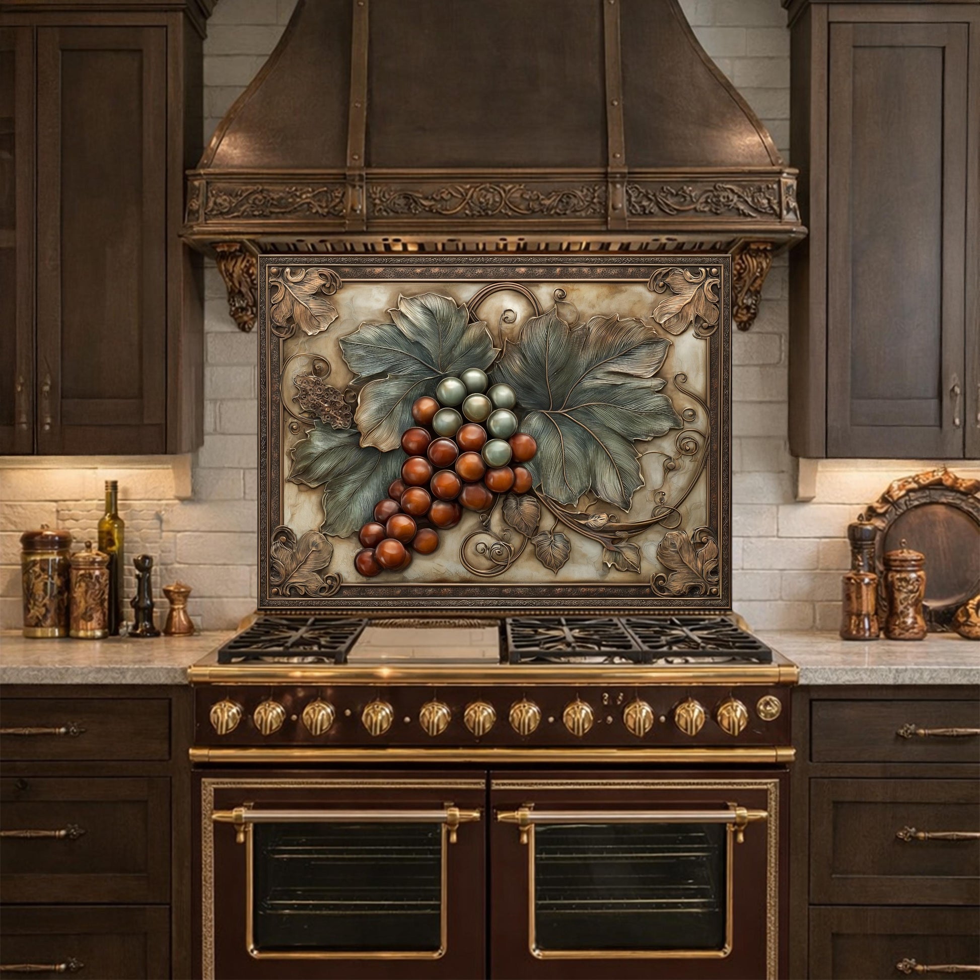 Vineyard Harvest Tempered Glass Backsplash, Copper Look Grapes and Leaves Wall Panel, Custom Size