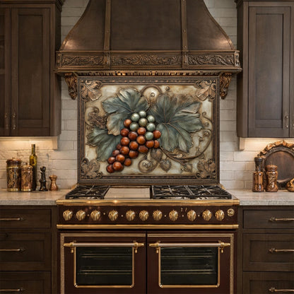 Vineyard Harvest Tempered Glass Backsplash, Copper Look Grapes and Leaves Wall Panel, Custom Size