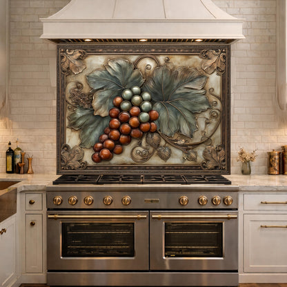 Vineyard Harvest Tempered Glass Backsplash, Copper Look Grapes and Leaves Wall Panel, Custom Size