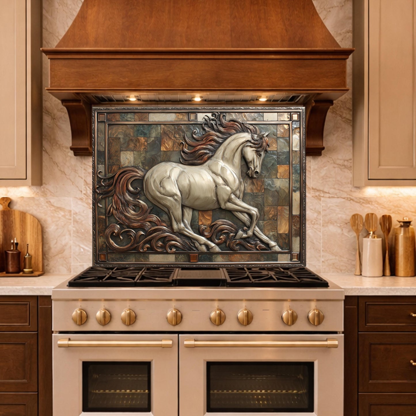 Majestic Stallion Tempered Glass Backsplash, Copper Look Galloping Horse Wall Panel, Custom Size