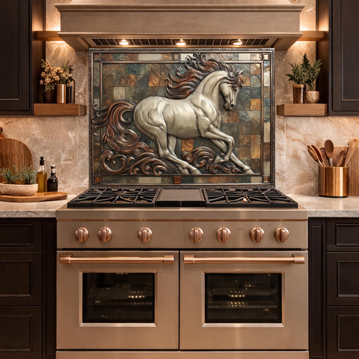 Majestic Stallion Tempered Glass Backsplash, Copper Look Galloping Horse Wall Panel, Custom Size
