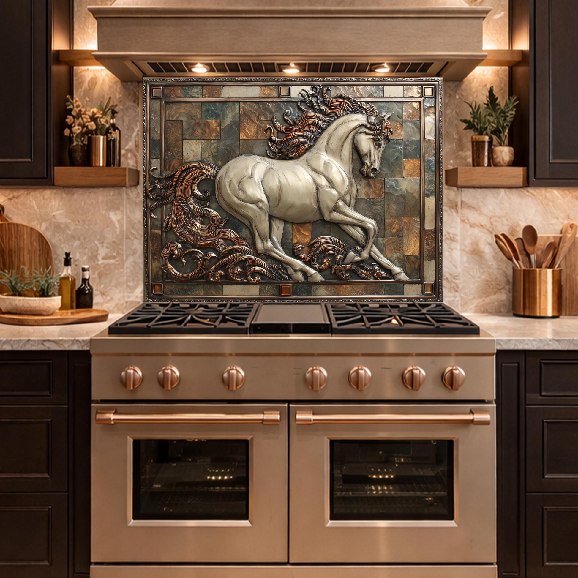 Majestic Stallion Tempered Glass Backsplash, Copper Look Galloping Horse Wall Panel, Custom Size