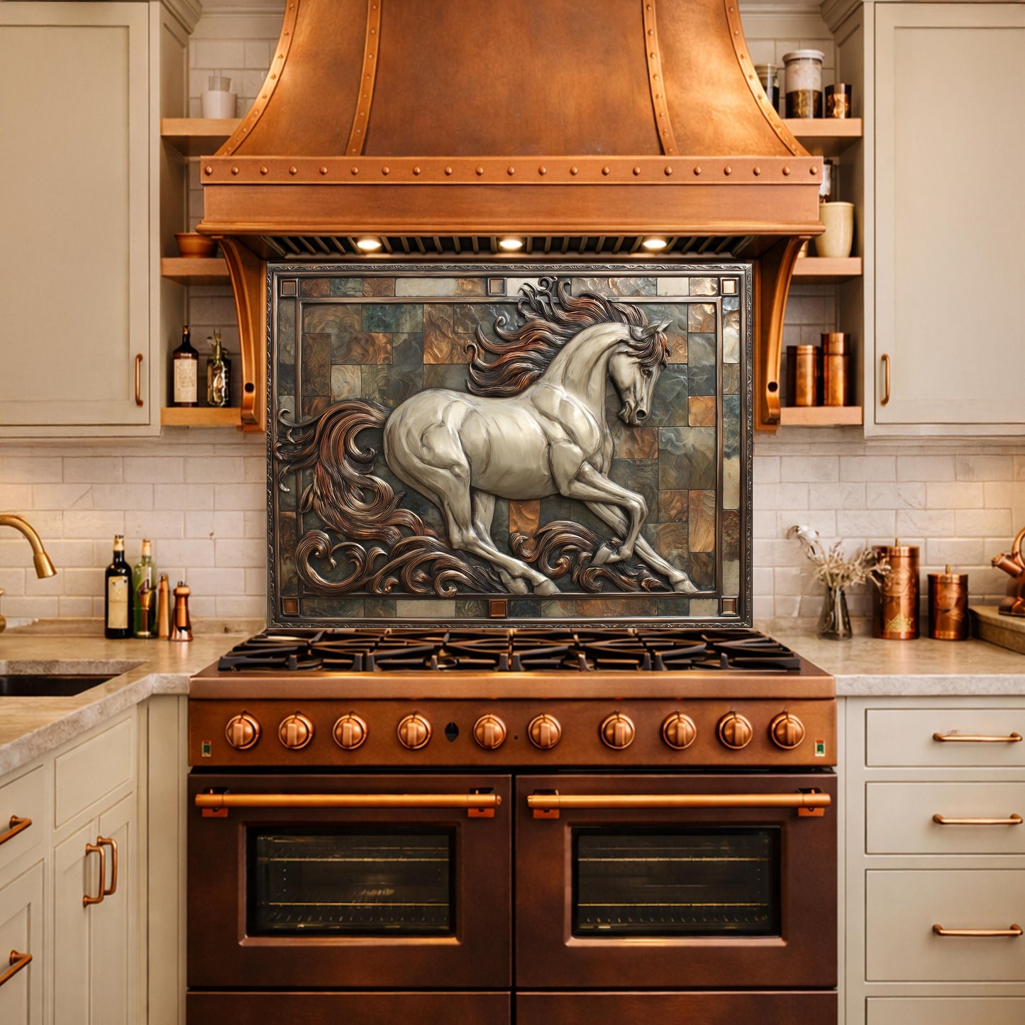 Majestic Stallion Tempered Glass Backsplash, Copper Look Galloping Horse Wall Panel, Custom Size