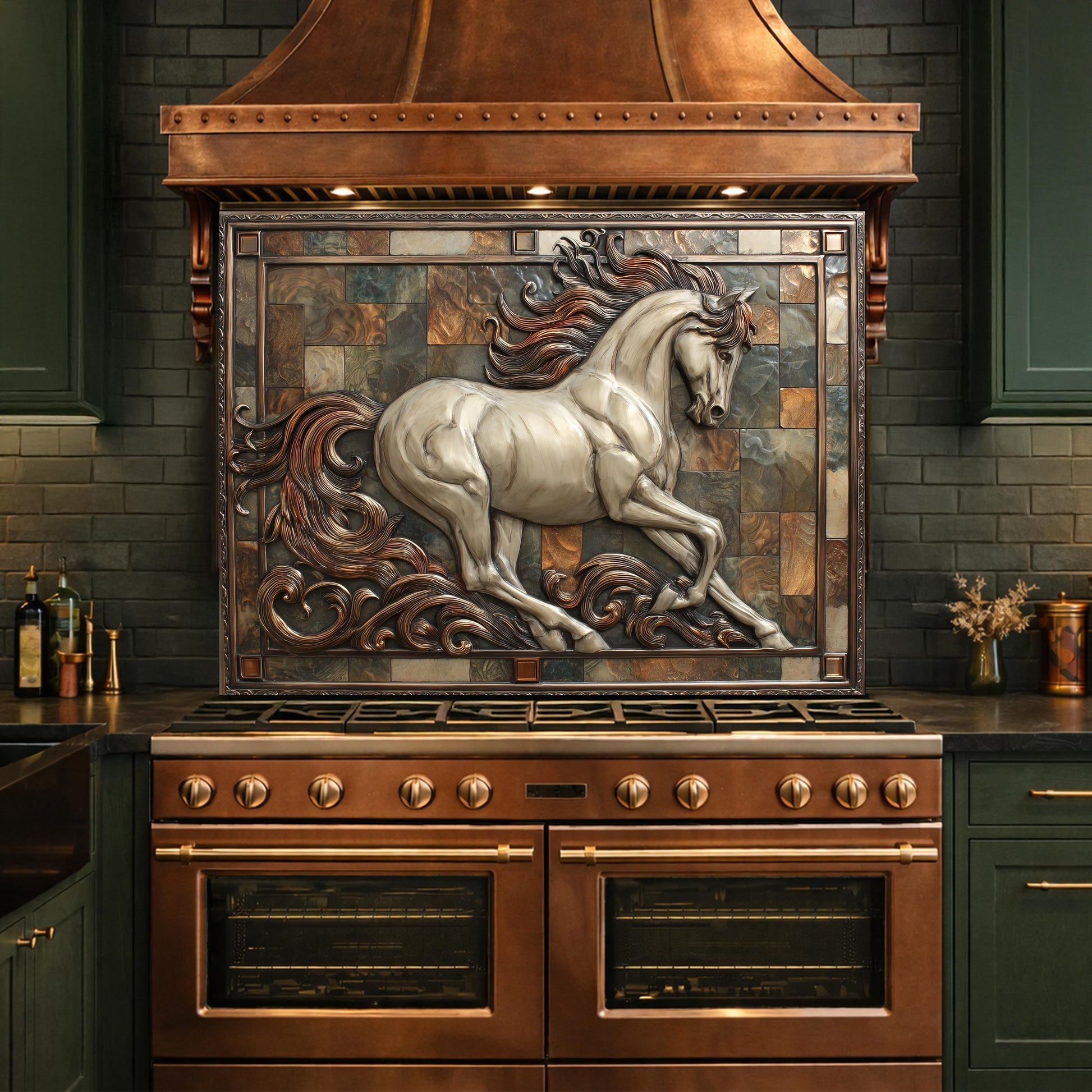 Majestic Stallion Tempered Glass Backsplash, Copper Look Galloping Horse Wall Panel, Custom Size