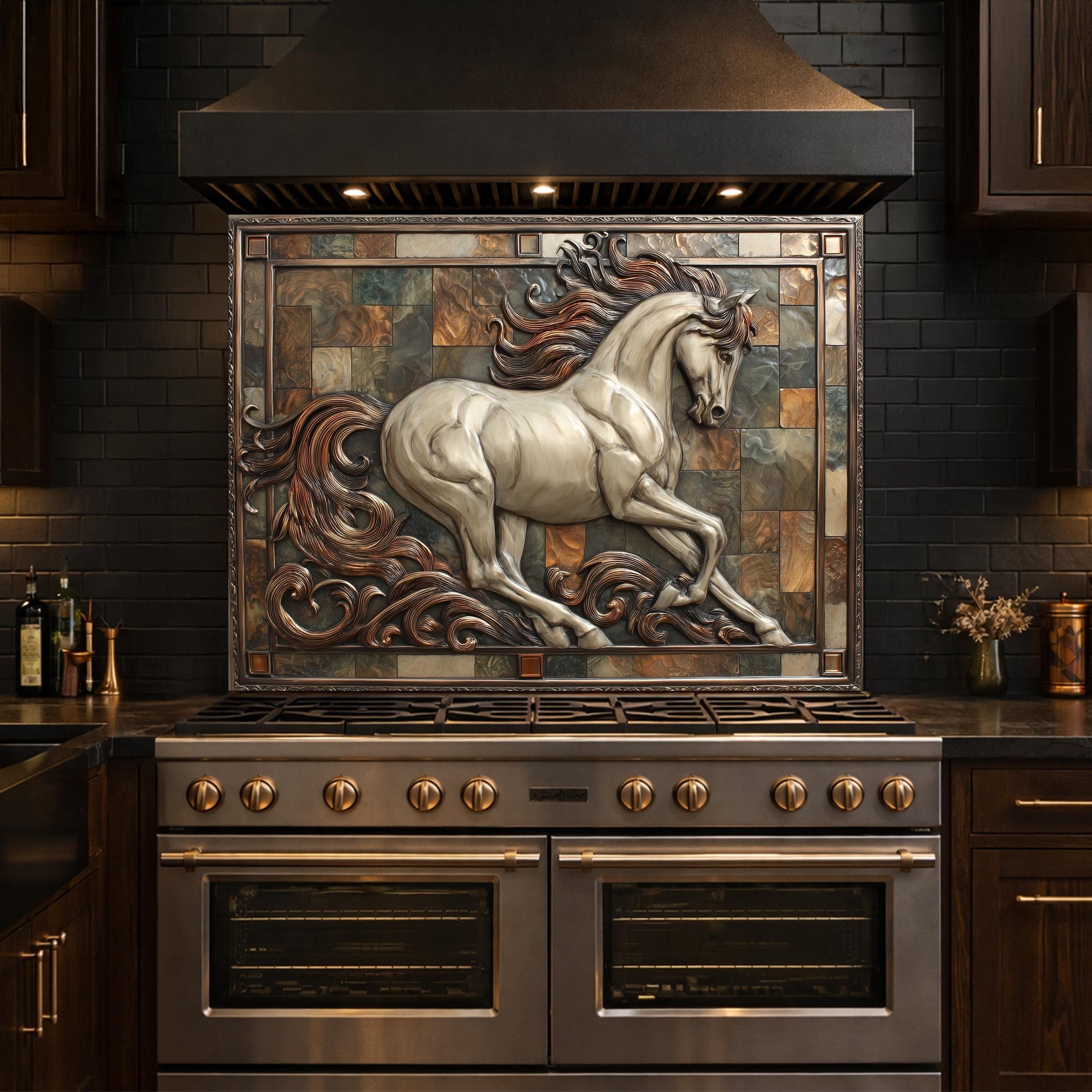 Majestic Stallion Tempered Glass Backsplash, Copper Look Galloping Horse Wall Panel, Custom Size