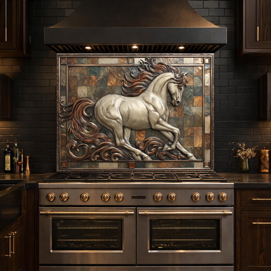 Majestic Stallion Tempered Glass Backsplash, Copper Look Galloping Horse Wall Panel, Custom Size