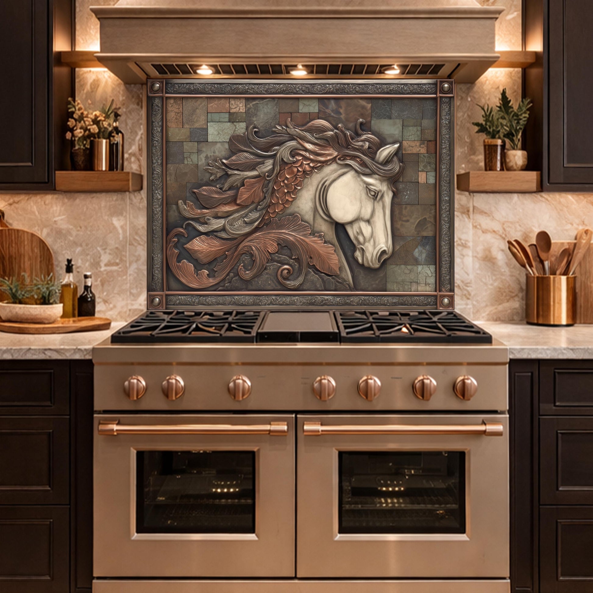 Equestrian Spirit Tempered Glass Backsplash, Copper Look Horse Portrait Wall Panel, Custom Size