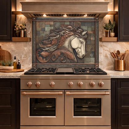 Equestrian Spirit Tempered Glass Backsplash, Copper Look Horse Portrait Wall Panel, Custom Size