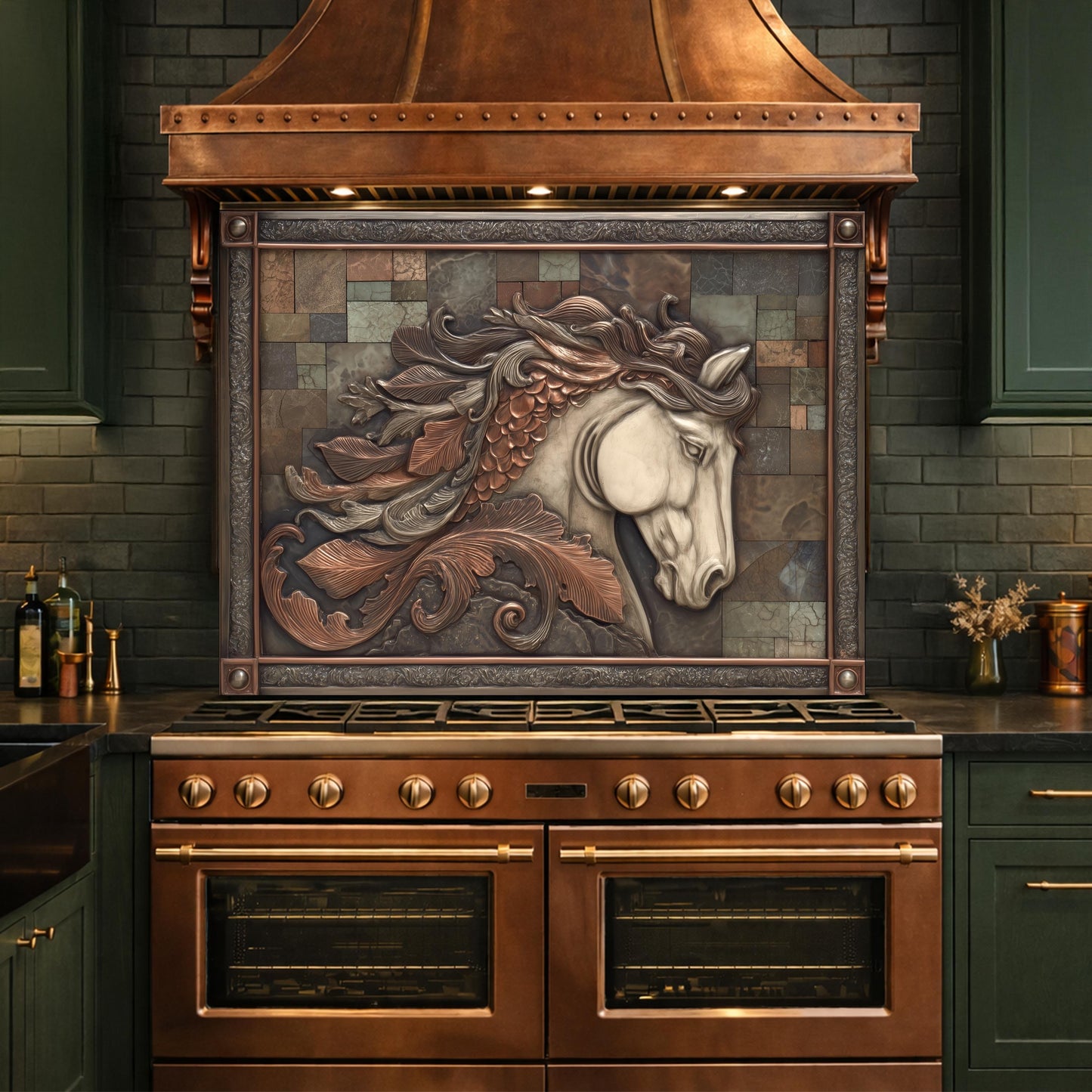 Equestrian Spirit Tempered Glass Backsplash, Copper Look Horse Portrait Wall Panel, Custom Size