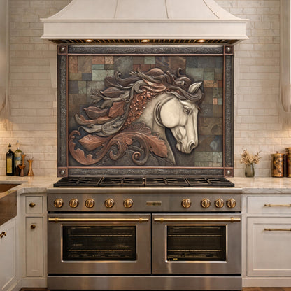 Equestrian Spirit Tempered Glass Backsplash, Copper Look Horse Portrait Wall Panel, Custom Size