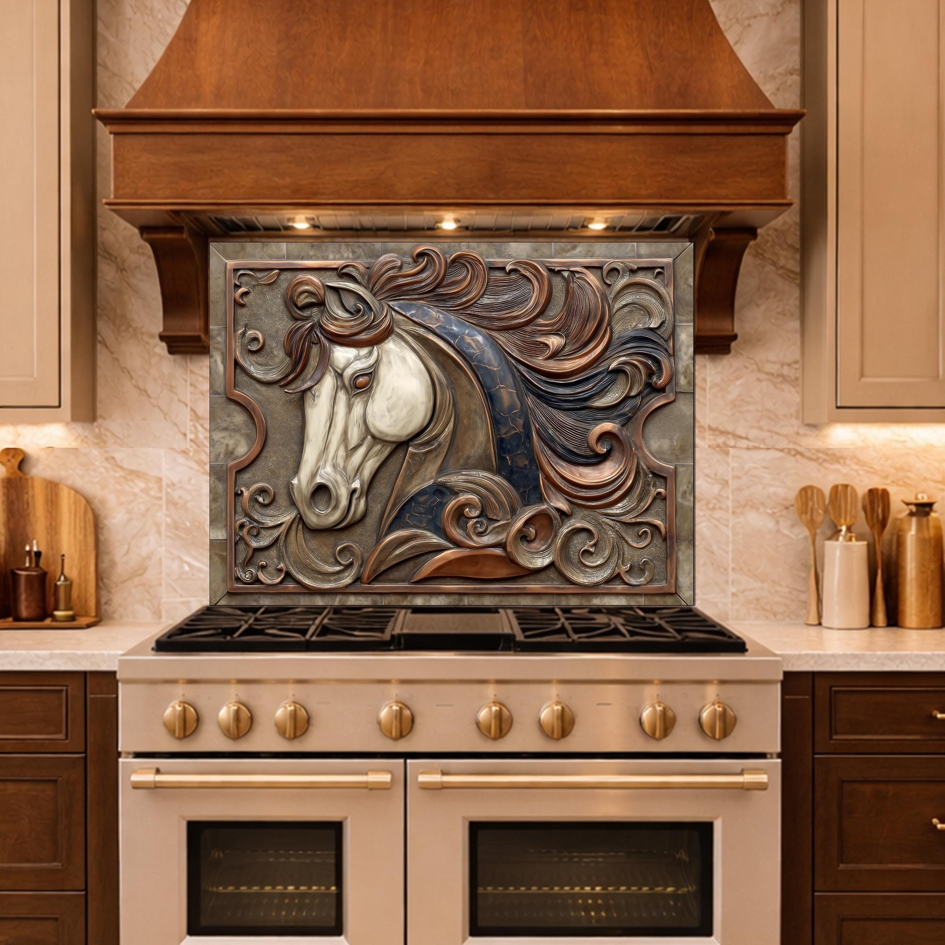 Equestrian Art Tempered Glass Backsplash, Copper Look Flowing Mane Horse Wall Panel, Custom Size