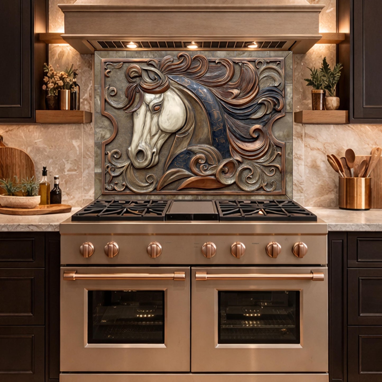 Equestrian Art Tempered Glass Backsplash, Copper Look Flowing Mane Horse Wall Panel, Custom Size