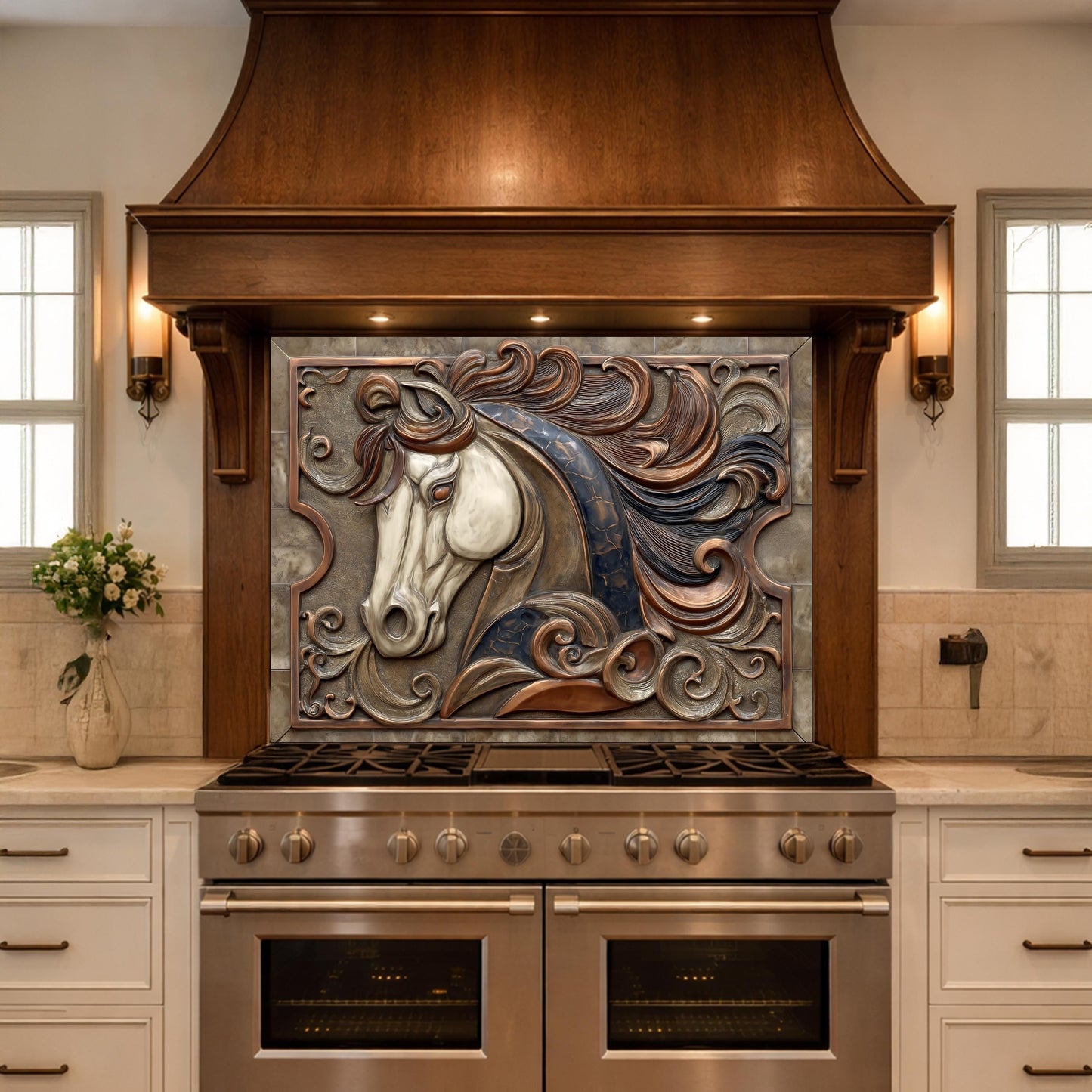 Equestrian Art Tempered Glass Backsplash, Copper Look Flowing Mane Horse Wall Panel, Custom Size
