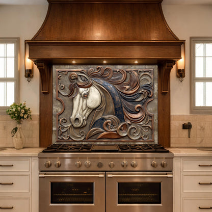Equestrian Art Tempered Glass Backsplash, Copper Look Flowing Mane Horse Wall Panel, Custom Size