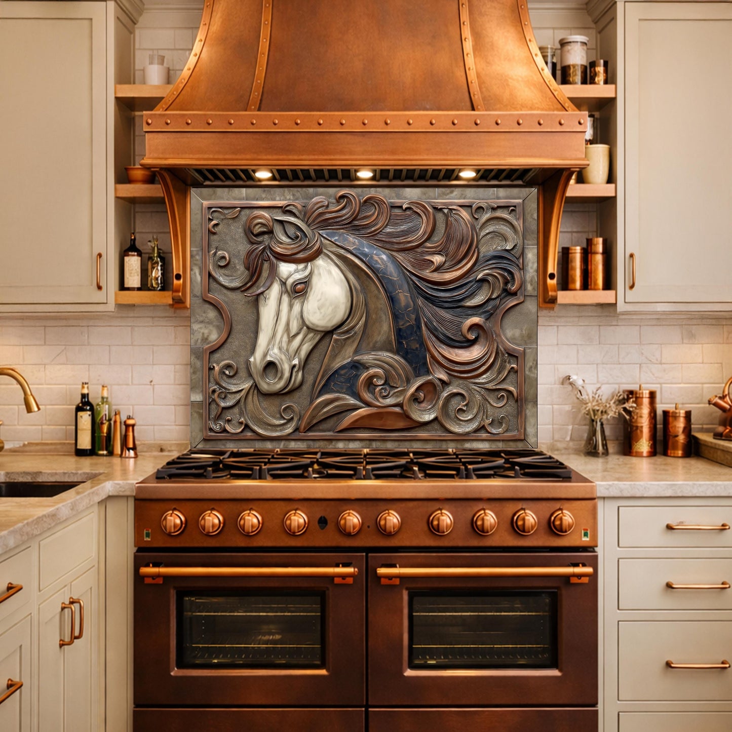 Equestrian Art Tempered Glass Backsplash, Copper Look Flowing Mane Horse Wall Panel, Custom Size