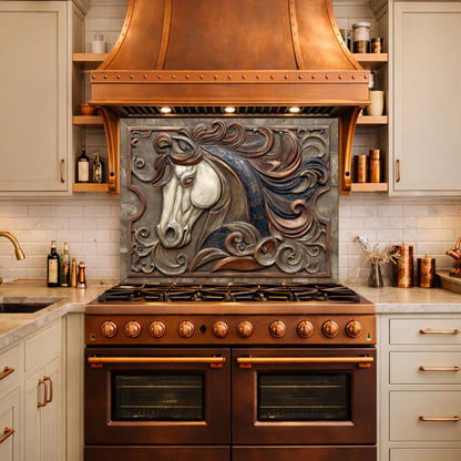 Equestrian Art Tempered Glass Backsplash, Copper Look Flowing Mane Horse Wall Panel, Custom Size