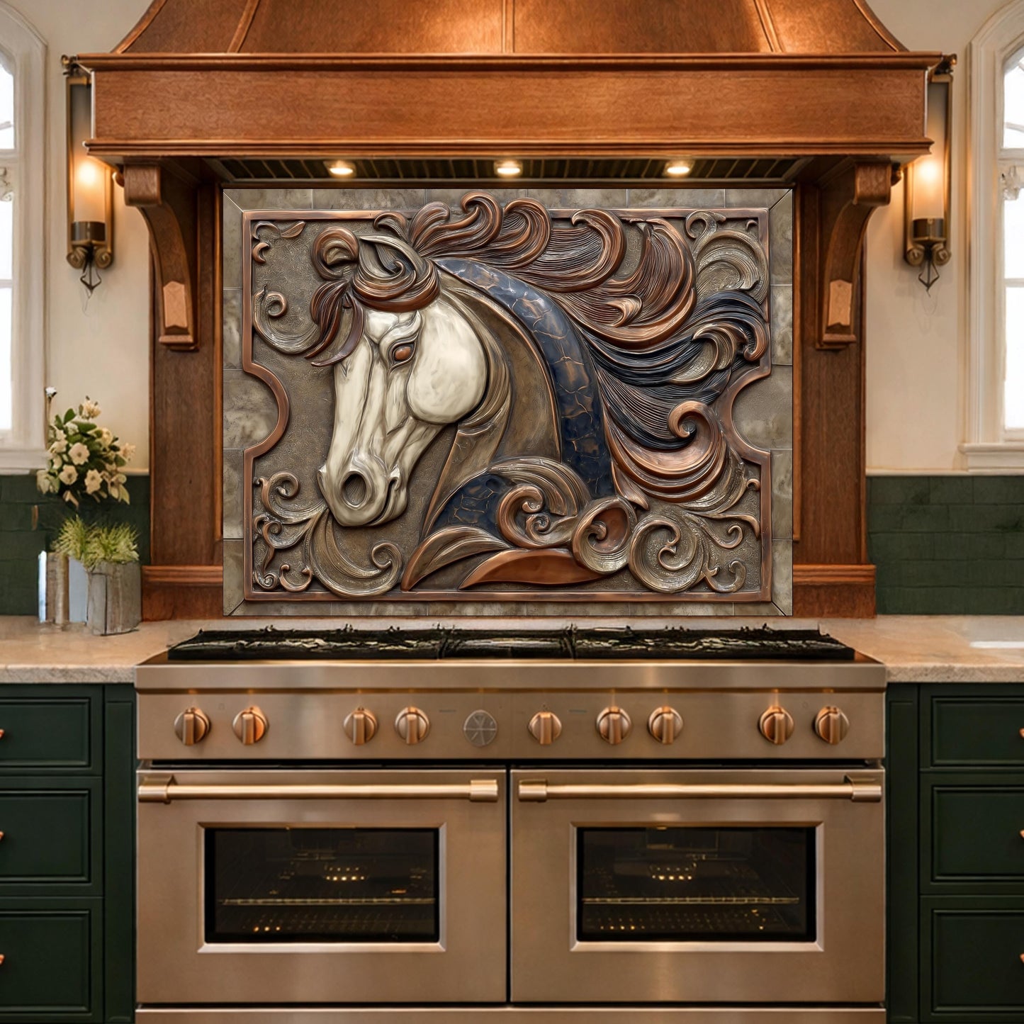 Equestrian Art Tempered Glass Backsplash, Copper Look Flowing Mane Horse Wall Panel, Custom Size