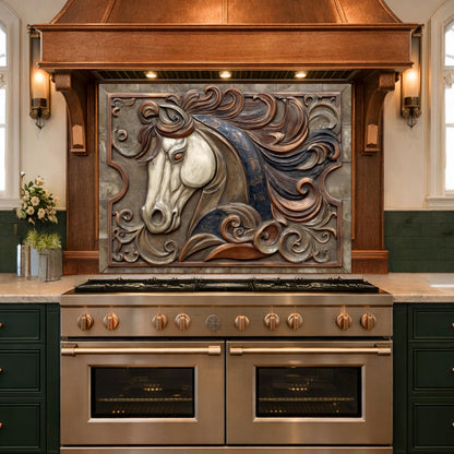 Equestrian Art Tempered Glass Backsplash, Copper Look Flowing Mane Horse Wall Panel, Custom Size