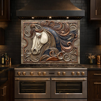 Equestrian Art Tempered Glass Backsplash, Copper Look Flowing Mane Horse Wall Panel, Custom Size
