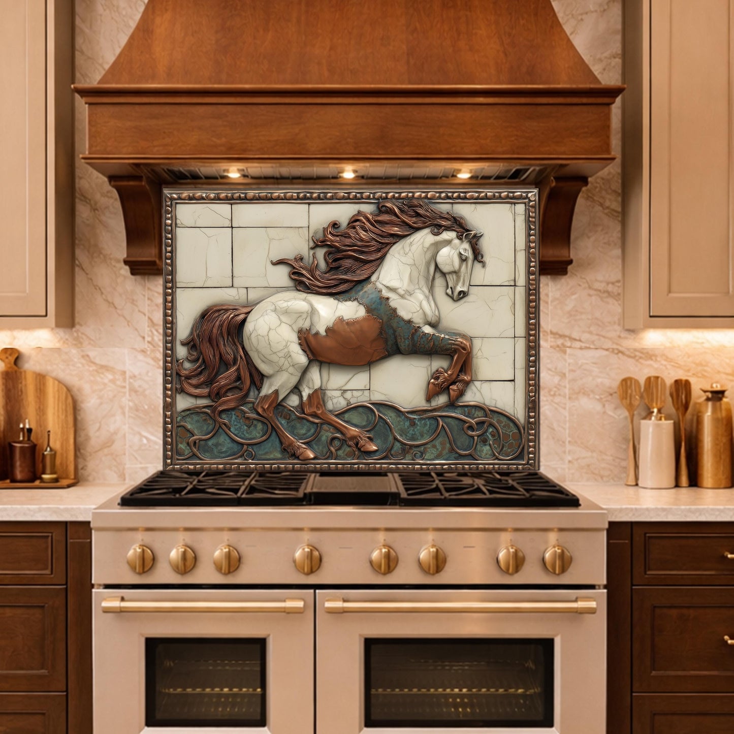 Galloping Horse Tempered Glass Backsplash, Copper Look Stallion Wall Panel, Custom Size