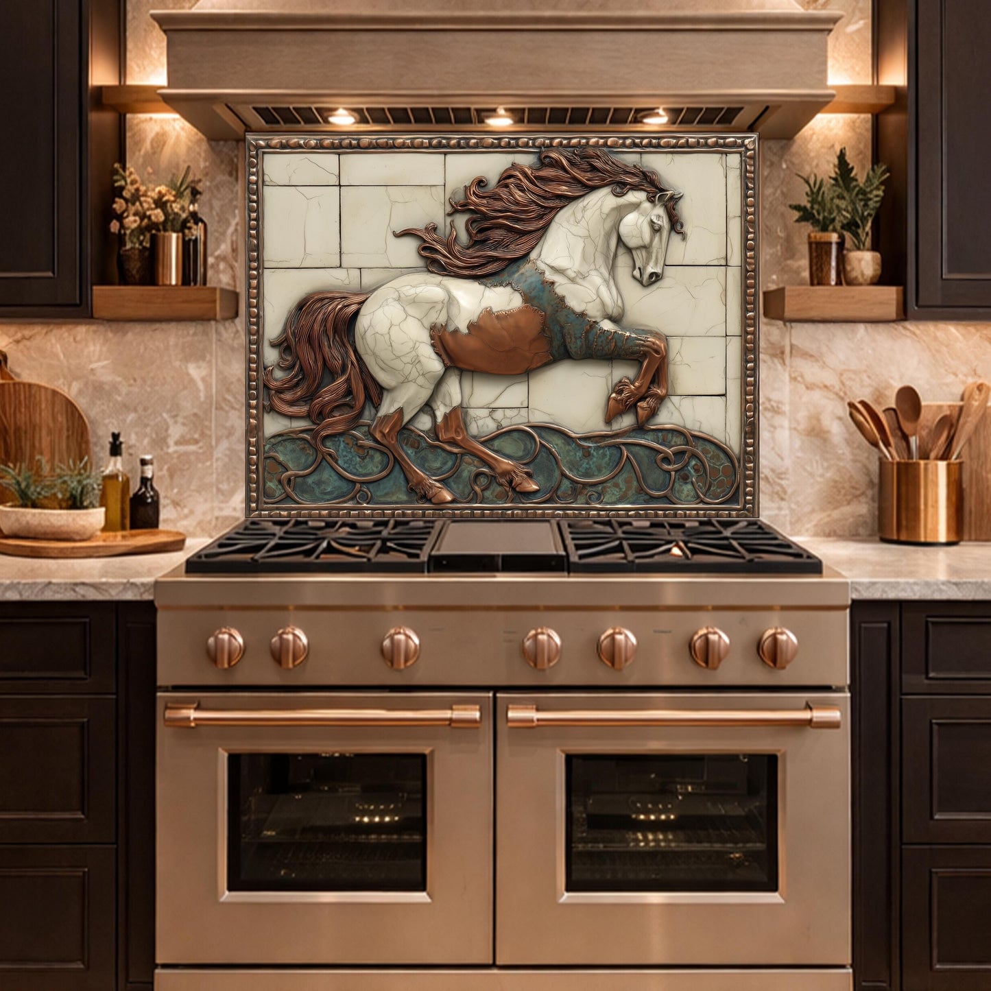 Galloping Horse Tempered Glass Backsplash, Copper Look Stallion Wall Panel, Custom Size