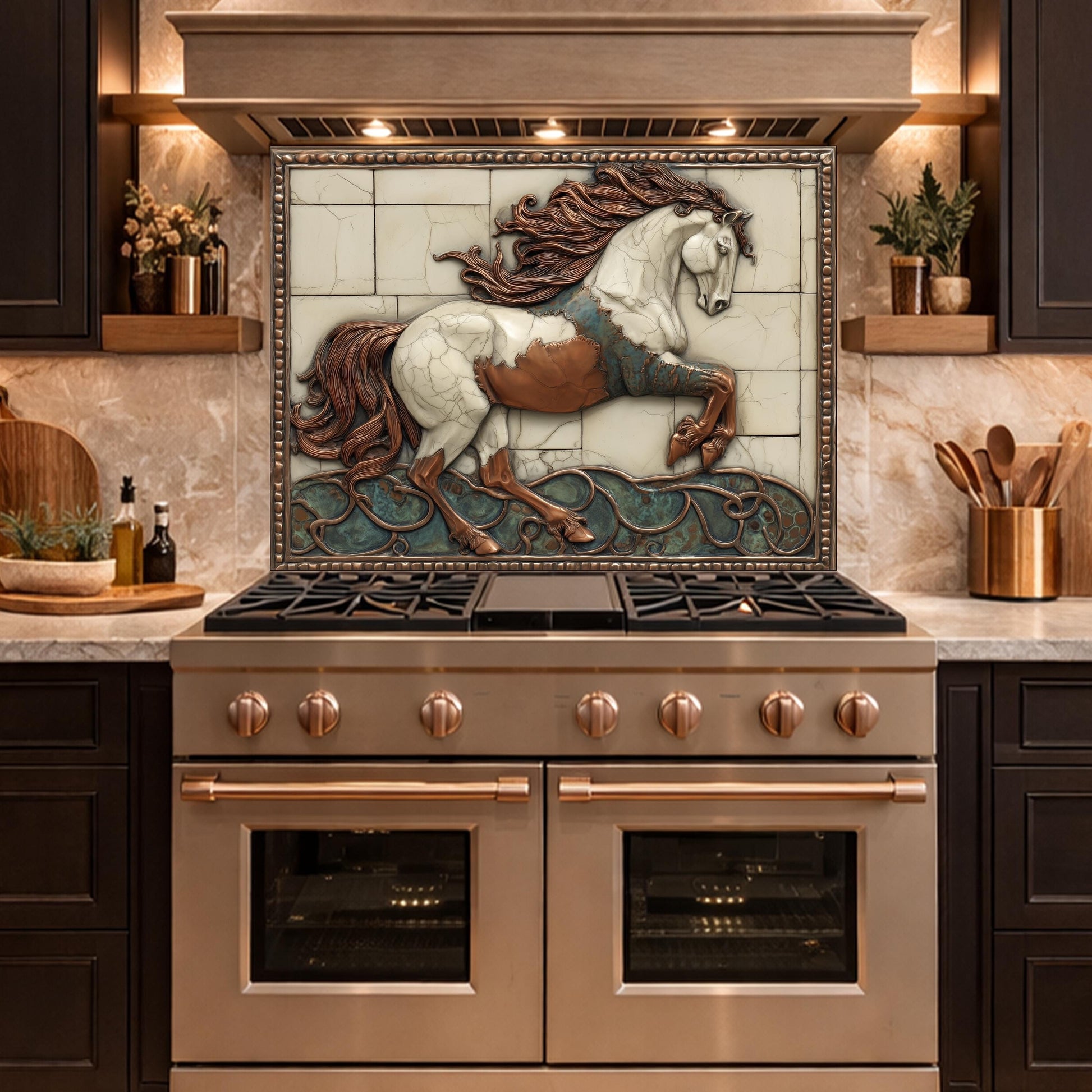 Galloping Horse Tempered Glass Backsplash, Copper Look Stallion Wall Panel, Custom Size