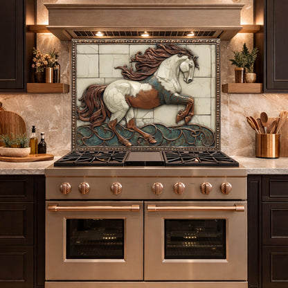 Galloping Horse Tempered Glass Backsplash, Copper Look Stallion Wall Panel, Custom Size