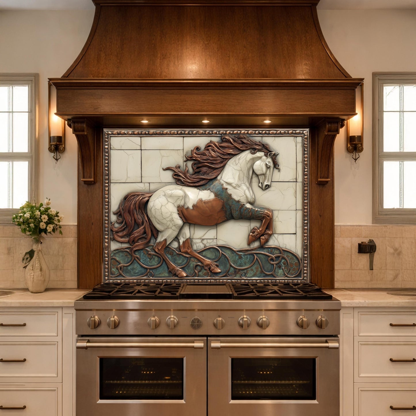Galloping Horse Tempered Glass Backsplash, Copper Look Stallion Wall Panel, Custom Size