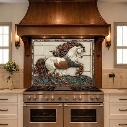 Galloping Horse Tempered Glass Backsplash, Copper Look Stallion Wall Panel, Custom Size