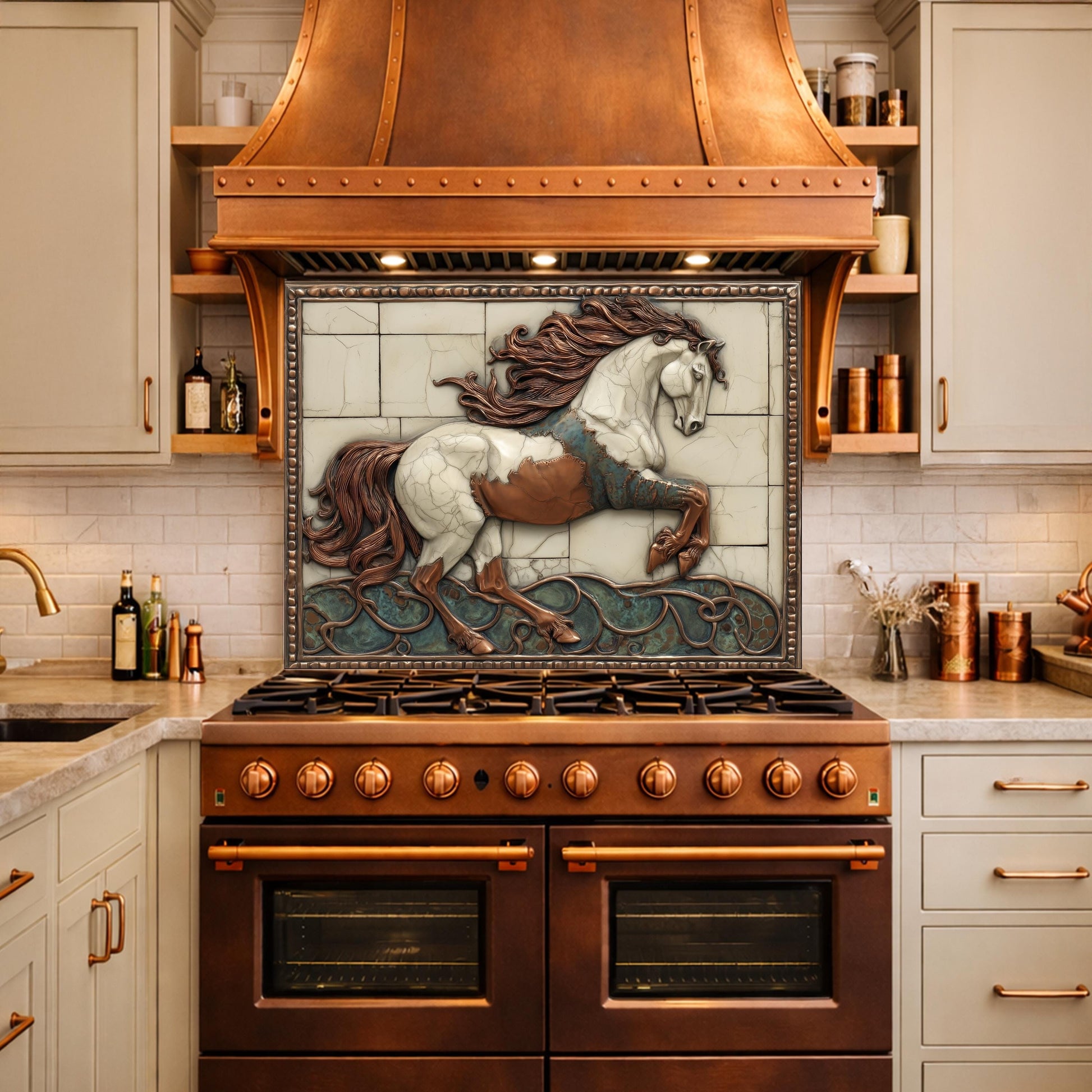 Galloping Horse Tempered Glass Backsplash, Copper Look Stallion Wall Panel, Custom Size