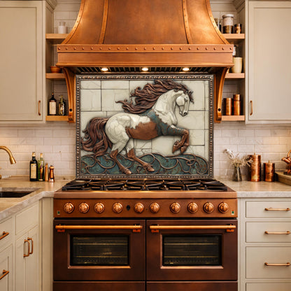 Galloping Horse Tempered Glass Backsplash, Copper Look Stallion Wall Panel, Custom Size