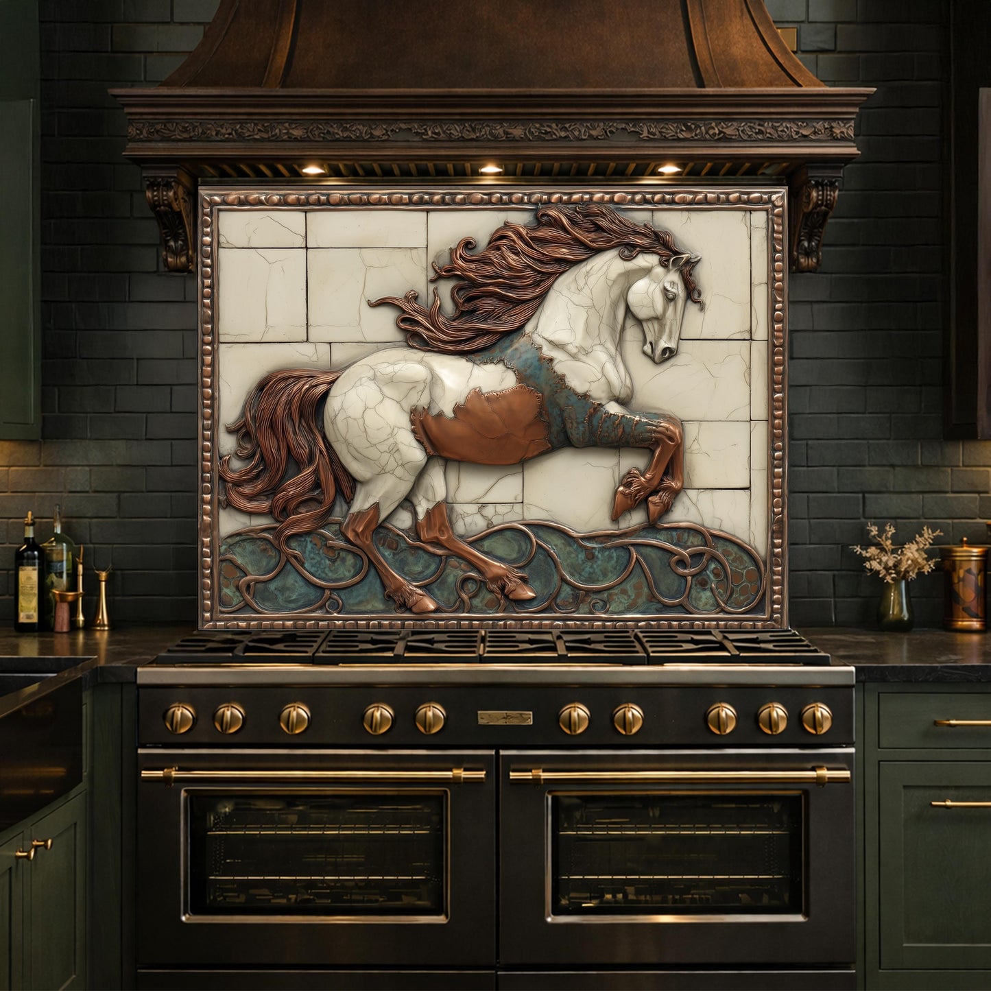 Galloping Horse Tempered Glass Backsplash, Copper Look Stallion Wall Panel, Custom Size