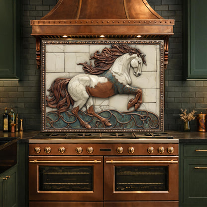 Galloping Horse Tempered Glass Backsplash, Copper Look Stallion Wall Panel, Custom Size