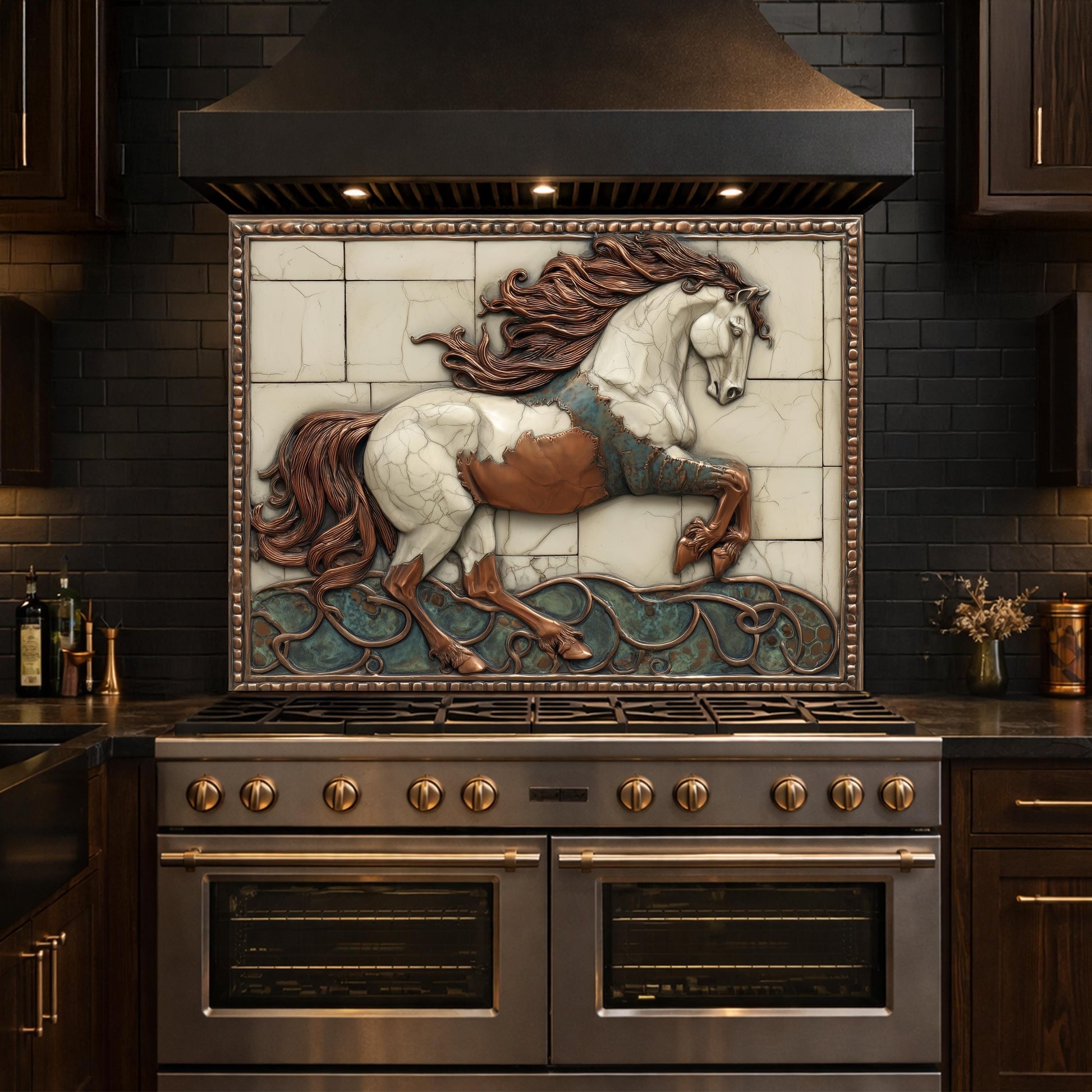 Galloping Horse Tempered Glass Backsplash, Copper Look Stallion Wall Panel, Custom Size