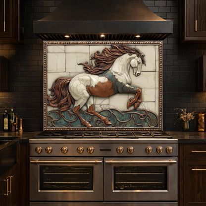 Galloping Horse Tempered Glass Backsplash, Copper Look Stallion Wall Panel, Custom Size