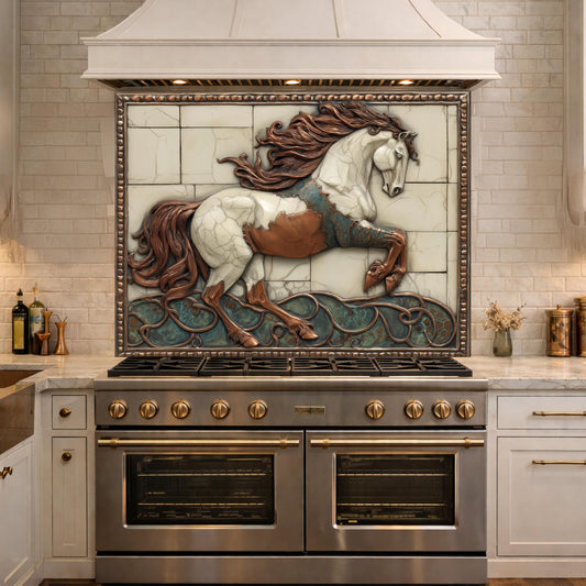 Galloping Horse Tempered Glass Backsplash, Copper Look Stallion Wall Panel, Custom Size