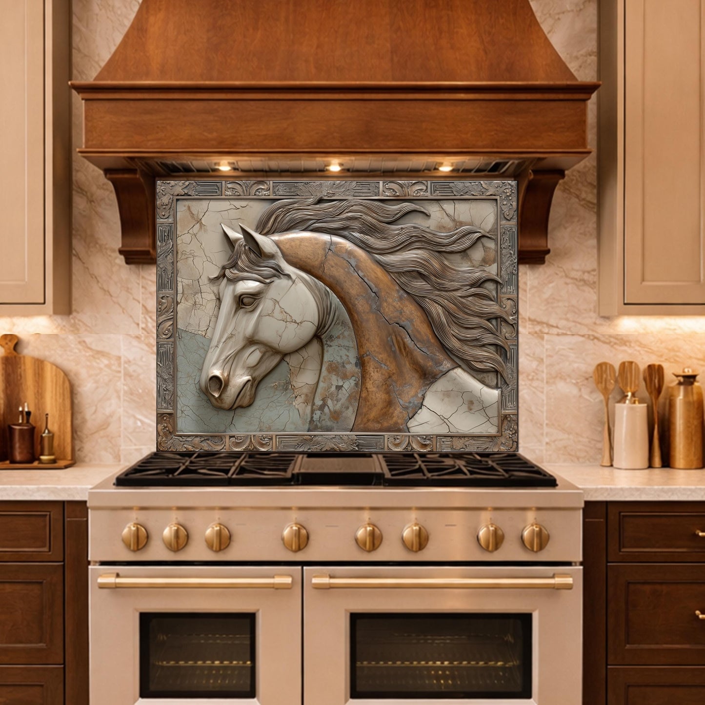 Noble Stallion Tempered Glass Backsplash, Copper Look Horse Portrait Wall Panel, Custom Size