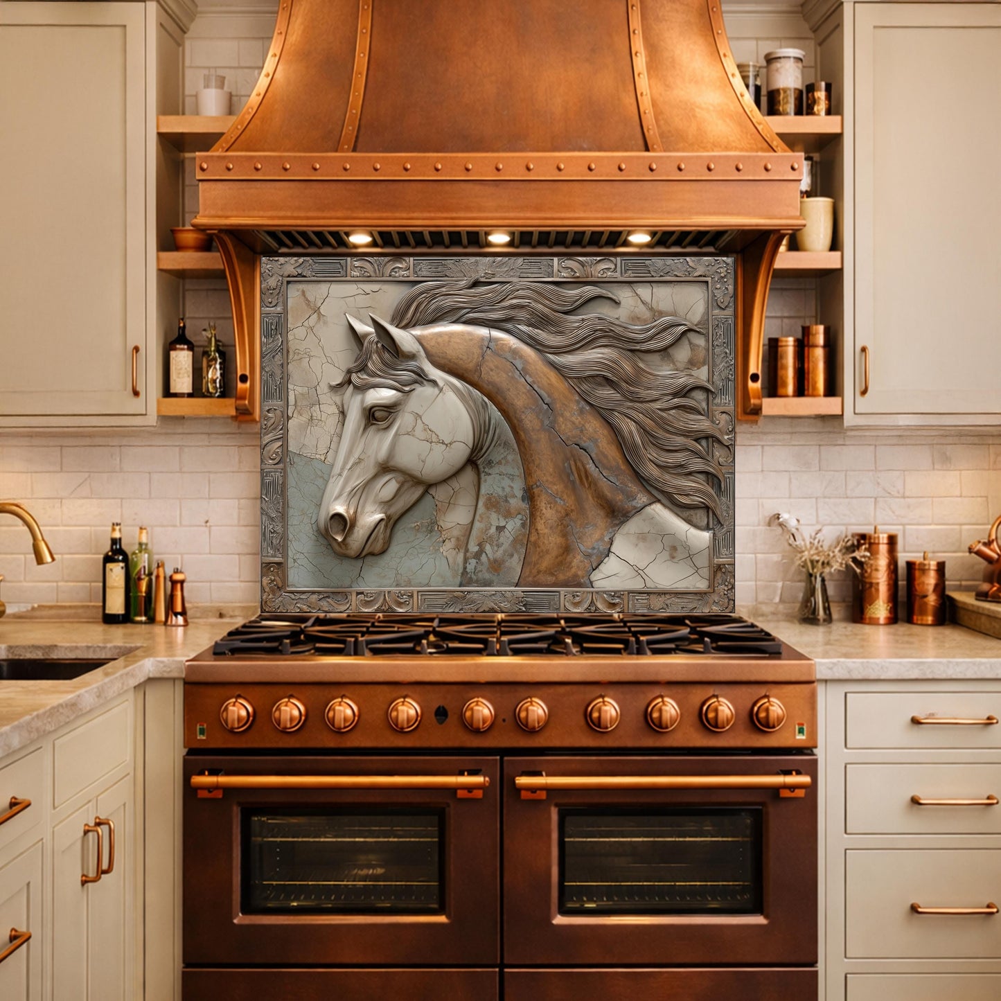 Noble Stallion Tempered Glass Backsplash, Copper Look Horse Portrait Wall Panel, Custom Size