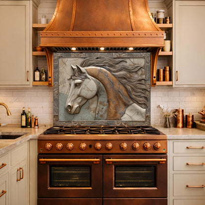Noble Stallion Tempered Glass Backsplash, Copper Look Horse Portrait Wall Panel, Custom Size