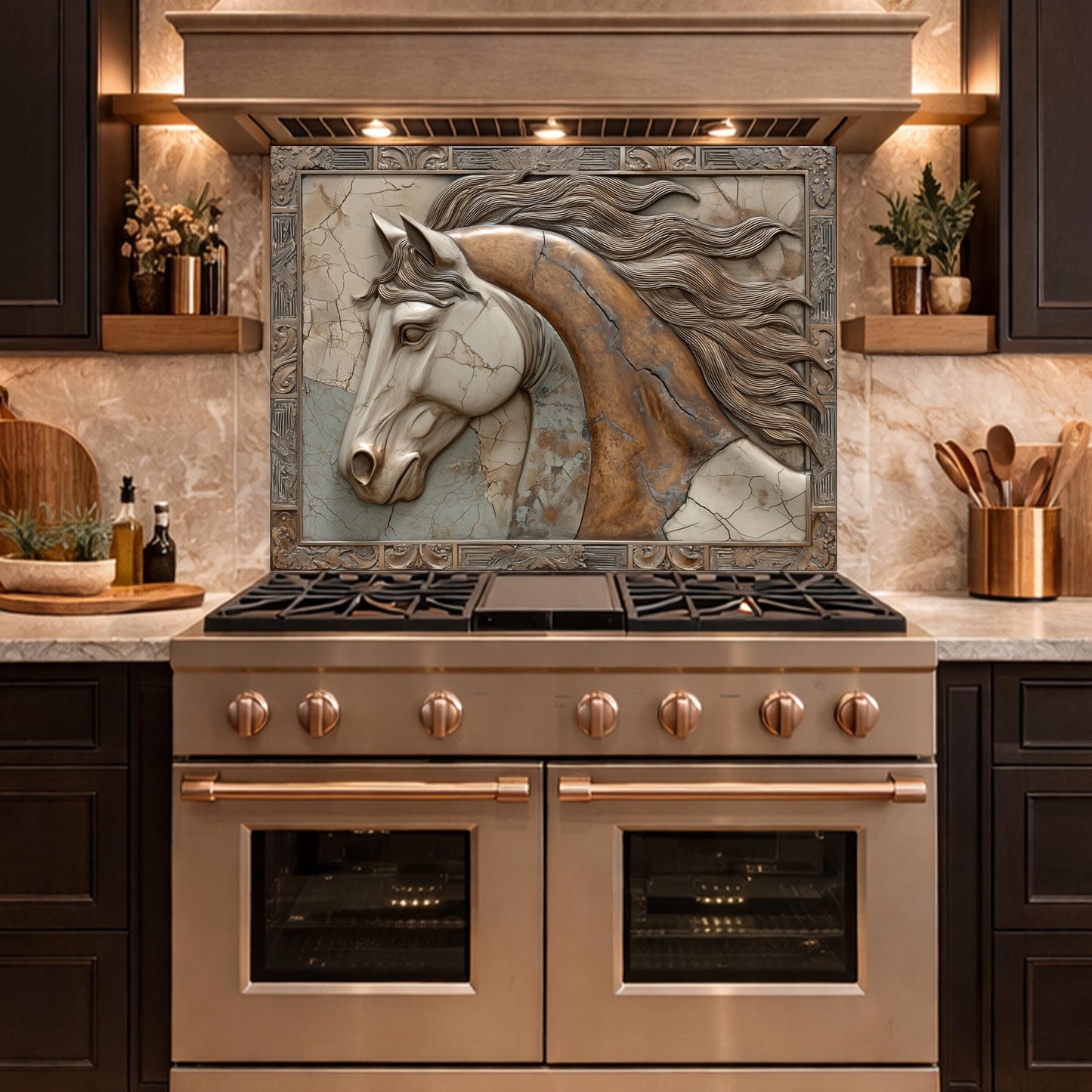 Noble Stallion Tempered Glass Backsplash, Copper Look Horse Portrait Wall Panel, Custom Size
