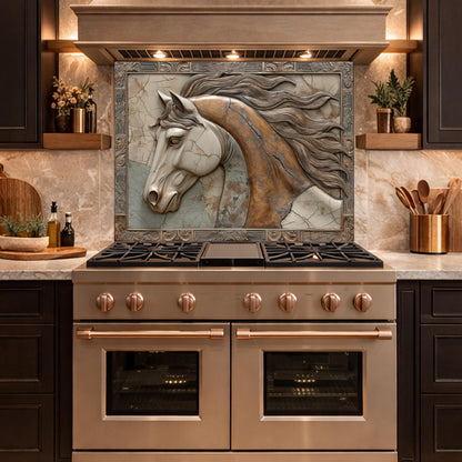 Noble Stallion Tempered Glass Backsplash, Copper Look Horse Portrait Wall Panel, Custom Size