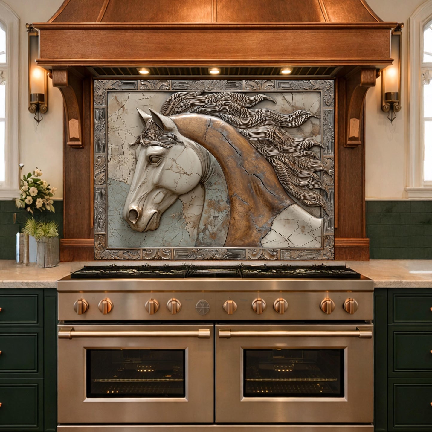 Noble Stallion Tempered Glass Backsplash, Copper Look Horse Portrait Wall Panel, Custom Size