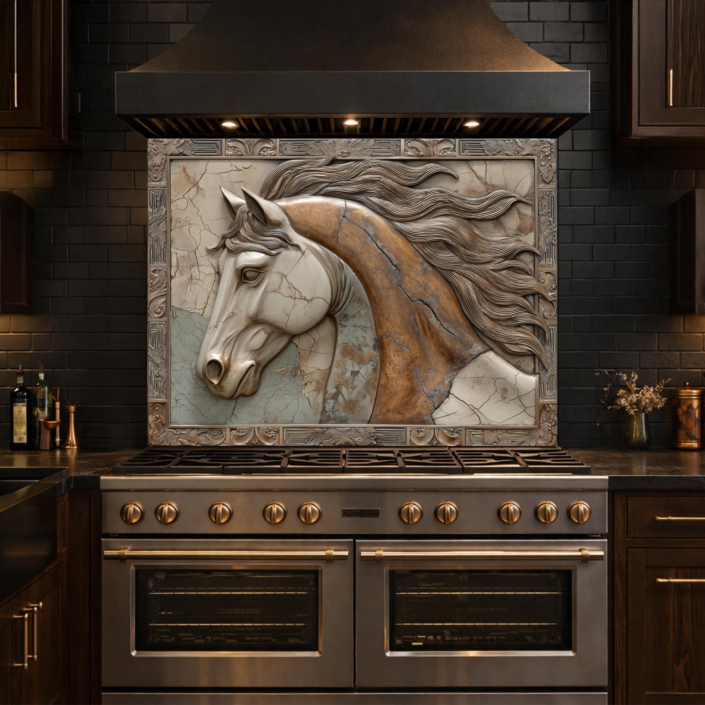Noble Stallion Tempered Glass Backsplash, Copper Look Horse Portrait Wall Panel, Custom Size