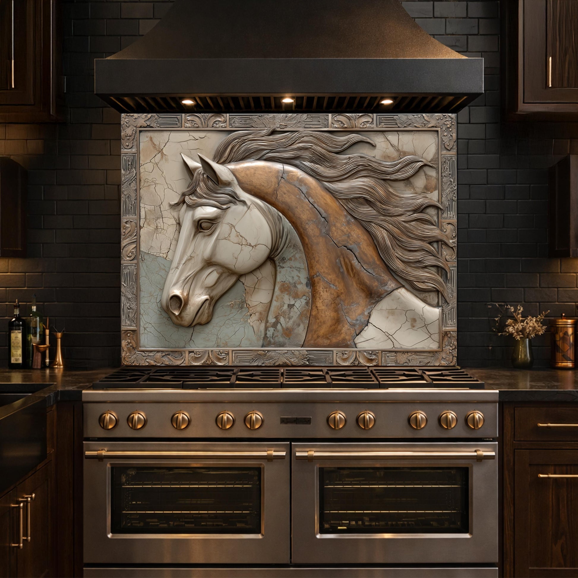 Noble Stallion Tempered Glass Backsplash, Copper Look Horse Portrait Wall Panel, Custom Size