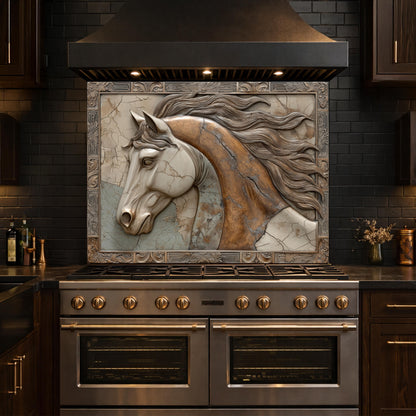 Noble Stallion Tempered Glass Backsplash, Copper Look Horse Portrait Wall Panel, Custom Size